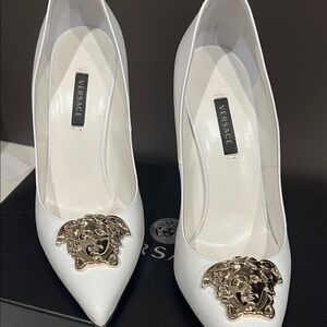 Versace White Heels with Gold Medusa Accent